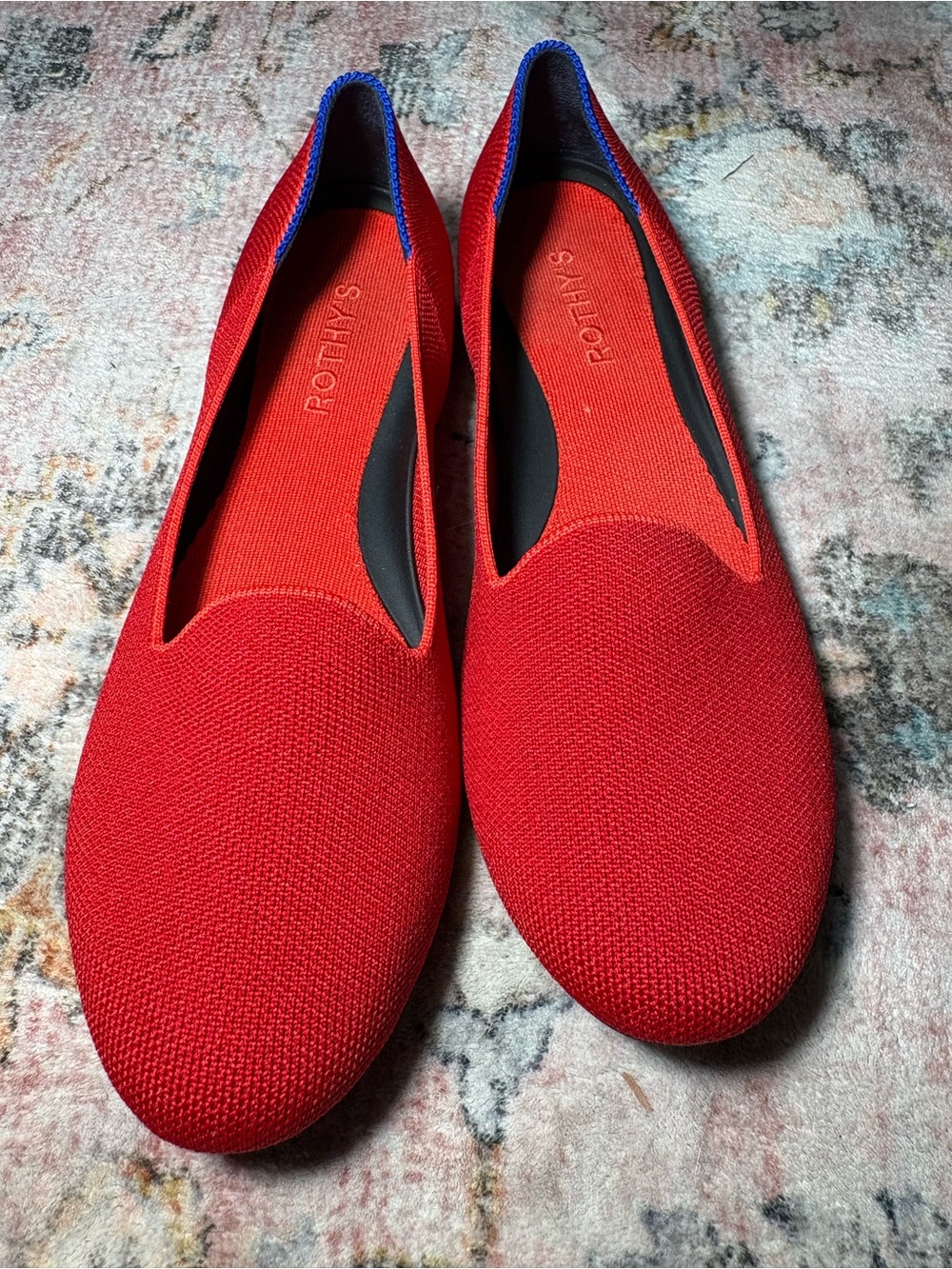 Rothy's Red Knit Slip-On Flats with Blue Trim